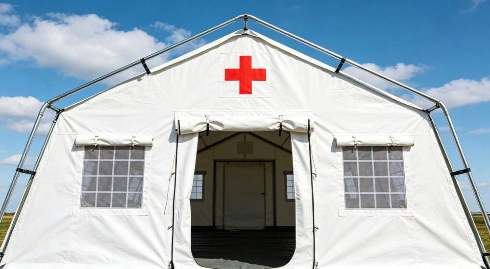 Front entrance view of a heavy duty emergency relief tent displaying the reinforced door frame sturdy zipper entrance and professional military grade construction quality