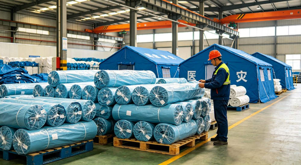 Large emergency shelter tent installed at disaster relief site providing weatherproof accommodation for affected populations with reinforced structure and quality materials visible