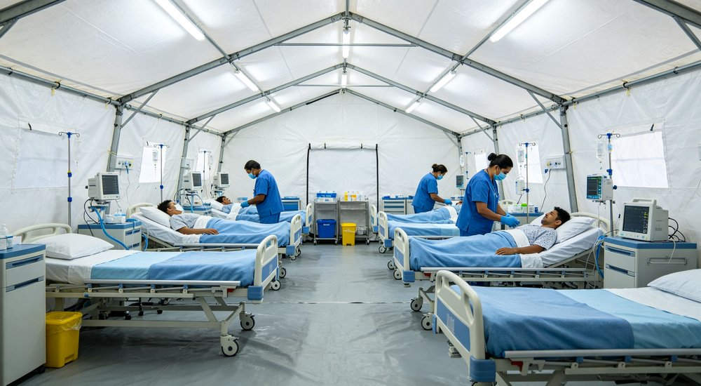 Emergency relief tent deployed in an active earthquake disaster zone providing immediate shelter for affected families with response teams working in the surrounding area