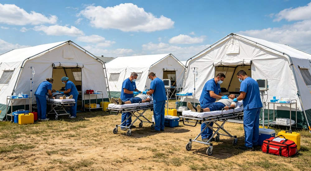Wide panoramic view of a large humanitarian relief camp with dozens of emergency tents organized in neat rows demonstrating scale of disaster response operations