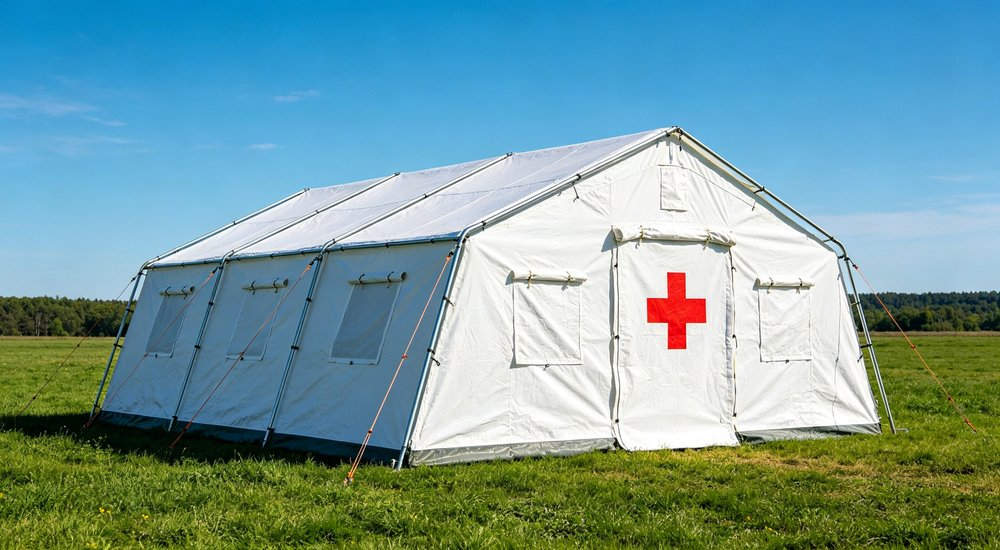 Closeup exterior detail showing reinforced corner seams heavy duty waterproof fabric texture and weatherproof construction of professional emergency relief shelter