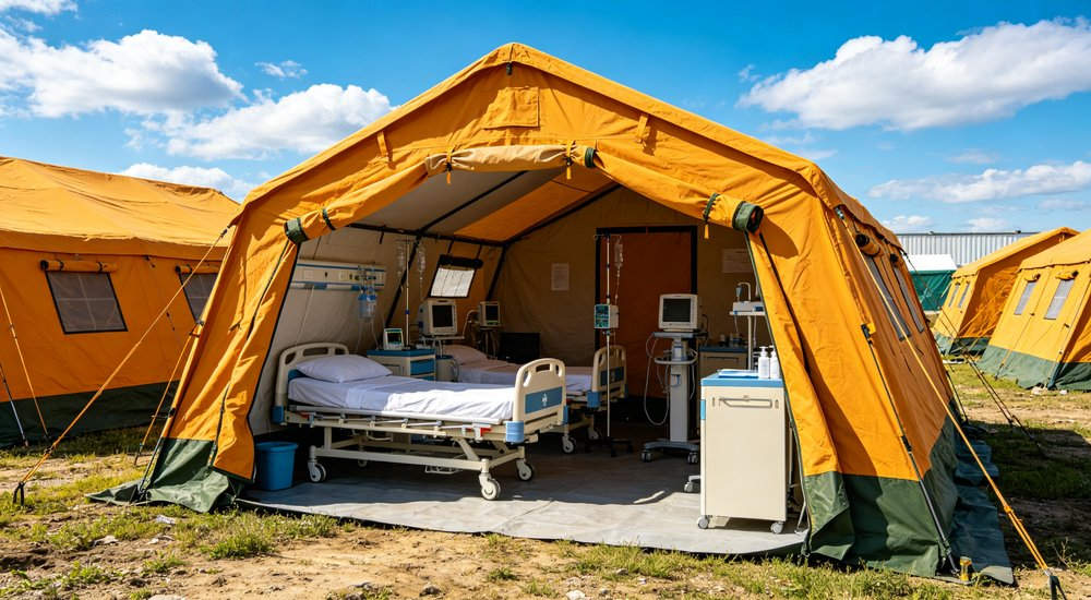 Heavy duty zippered door entrance detail showing reinforced frame weatherproof sealing strip and easy access design for emergency relief tent daily use