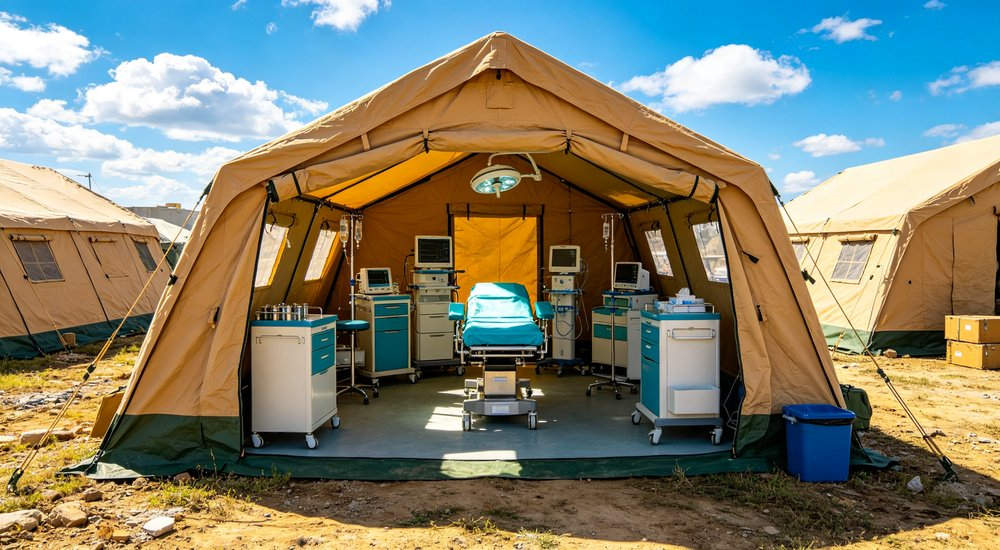 Emergency relief tent camp established after major natural disaster providing temporary shelter for hundreds of displaced families with organized sanitation and support facilities