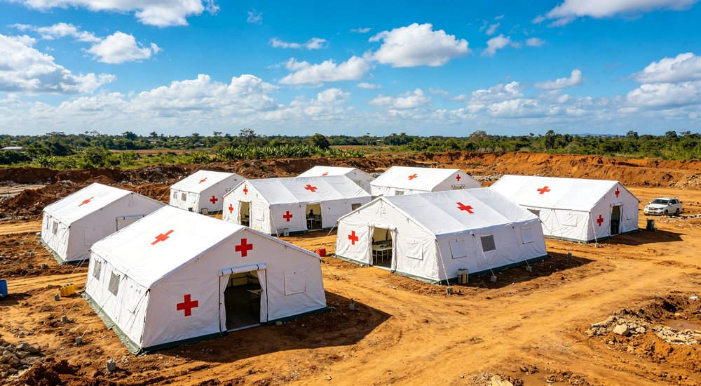 Well organized refugee camp with rows of emergency shelter tents providing dignified long term accommodation for displaced persons under international humanitarian protection standards