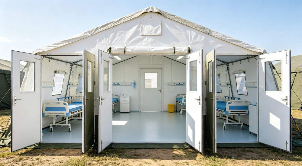 Military field base deployment showing emergency tents used for troop accommodation command posts and operational support in remote field conditions with security perimeter