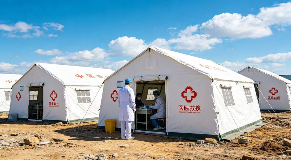 Medical rescue operation area with emergency tents serving as field treatment stations for disaster victims receiving first aid and emergency healthcare from medical teams