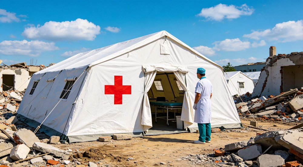 Field deployed emergency shelter showing robust frame construction waterproof material and practical design features meeting international standards for disaster response and refugee accommodation