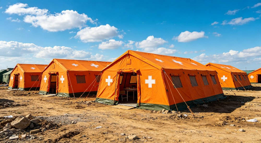 Professional emergency relief tent photographed in field deployment showing sturdy construction waterproof fabric and steel frame design suitable for disaster response and humanitarian aid operations