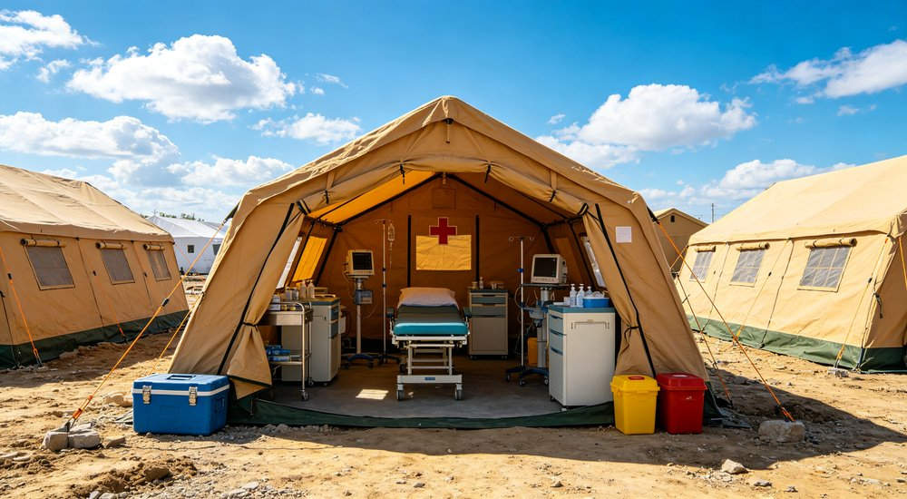 Earthquake affected region showing emergency relief tents deployed near damaged buildings providing immediate safe shelter for survivors while recovery and reconstruction work continues