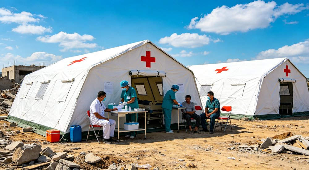 Heavy duty emergency frame tent displayed in operational setting demonstrating quick setup capability durable canvas exterior and spacious interior capacity for humanitarian relief missions