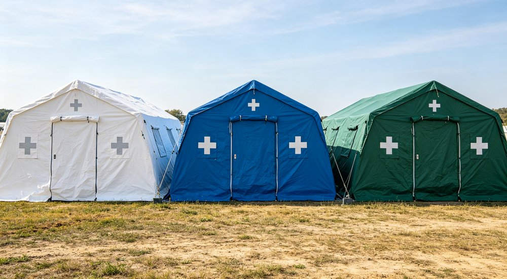 Humanitarian relief tent photographed at aid distribution camp providing reliable shelter with strong steel framework quality stitching and weather resistant fabric for disaster affected communities