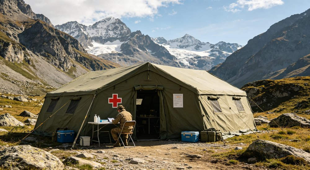 Field deployed emergency shelter showing robust frame construction waterproof material and practical design features meeting international standards for disaster response and refugee accommodation
