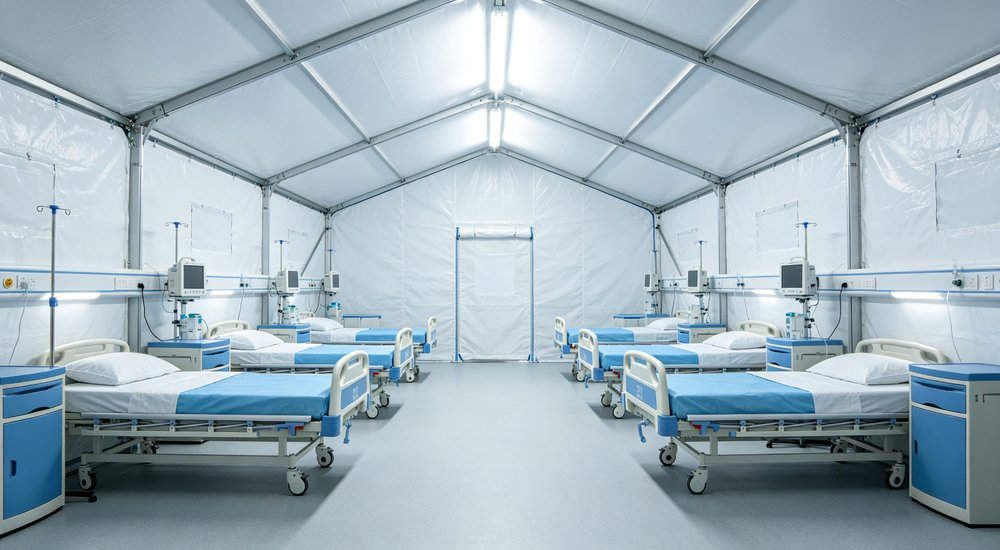 Professional emergency relief tent photographed in field deployment showing sturdy construction waterproof fabric and steel frame design suitable for disaster response and humanitarian aid operations