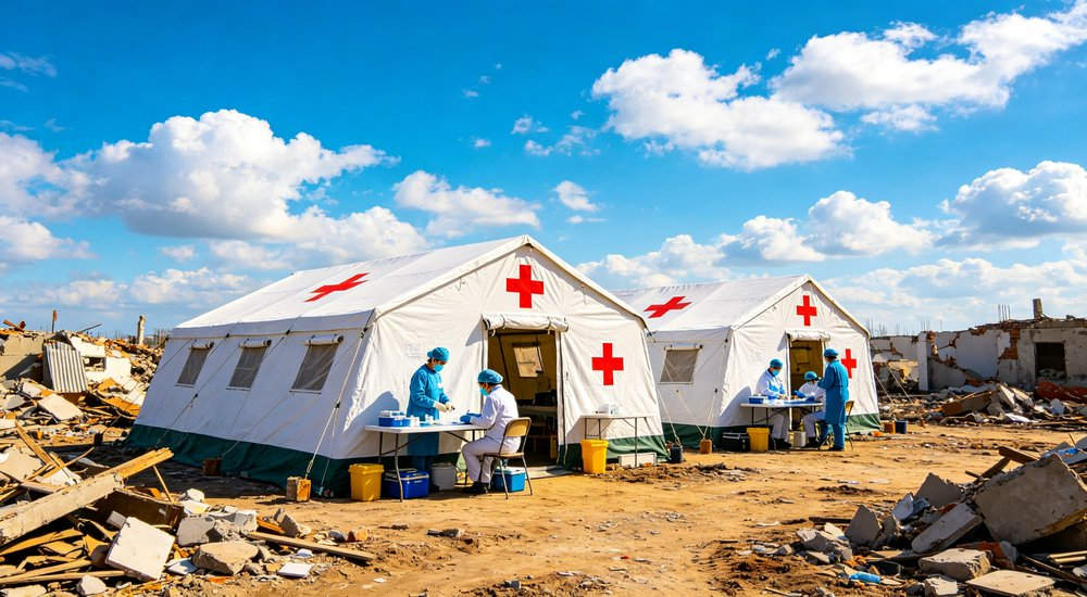 Large emergency shelter tent installed at disaster relief site providing weatherproof accommodation for affected populations with reinforced structure and quality materials visible