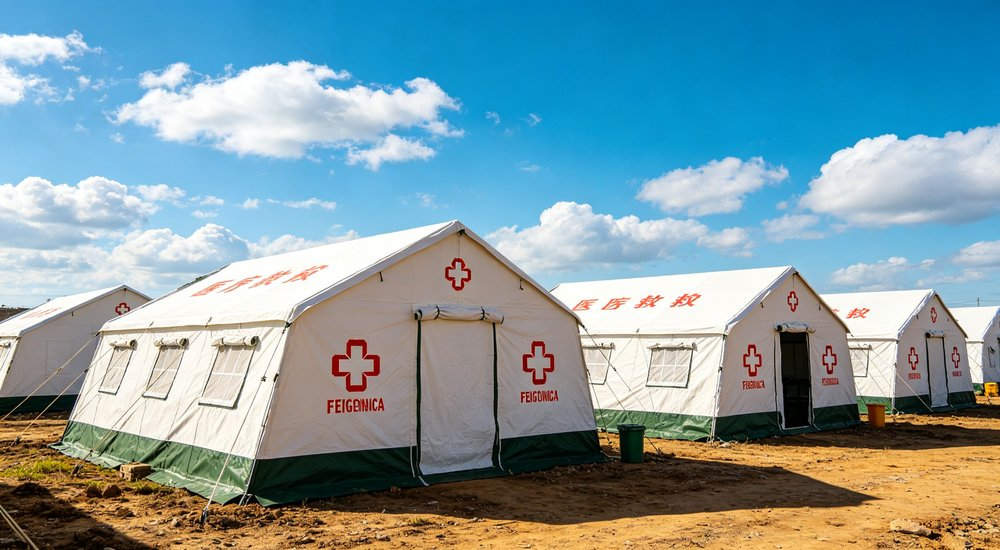 Emergency response tent captured during active deployment showing professional grade construction wind resistant frame and waterproof covering designed for long term use in challenging field conditions