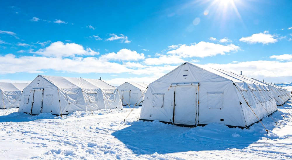 Humanitarian relief tent photographed at aid distribution camp providing reliable shelter with strong steel framework quality stitching and weather resistant fabric for disaster affected communities