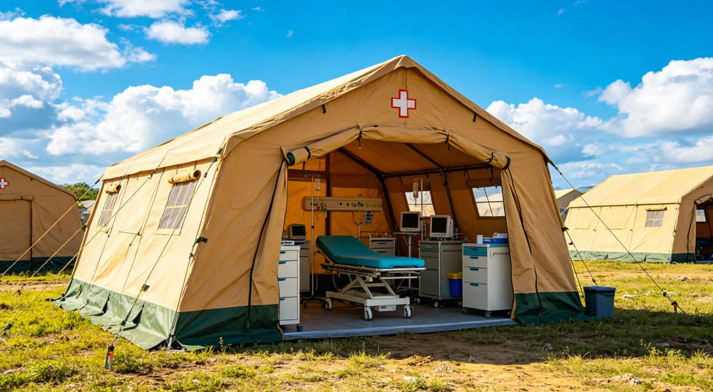 Field deployed emergency shelter showing robust frame construction waterproof material and practical design features meeting international standards for disaster response and refugee accommodation