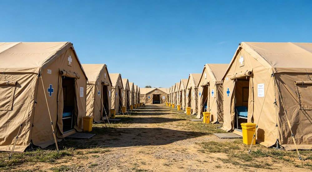 Professional emergency relief tent photographed in field deployment showing sturdy construction waterproof fabric and steel frame design suitable for disaster response and humanitarian aid operations