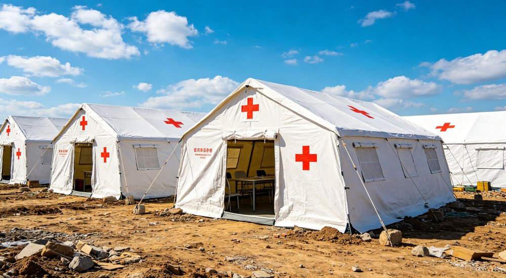 Large emergency shelter tent installed at disaster relief site providing weatherproof accommodation for affected populations with reinforced structure and quality materials visible