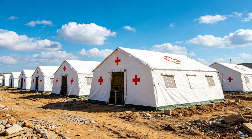 Heavy duty emergency frame tent displayed in operational setting demonstrating quick setup capability durable canvas exterior and spacious interior capacity for humanitarian relief missions