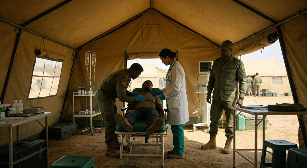 Emergency response tent captured during active deployment showing professional grade construction wind resistant frame and waterproof covering designed for long term use in challenging field conditions