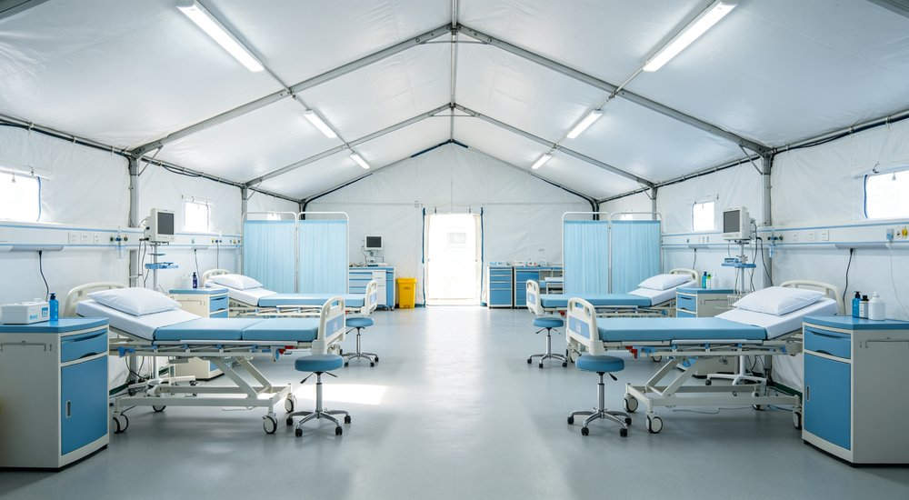 Field deployed emergency shelter showing robust frame construction waterproof material and practical design features meeting international standards for disaster response and refugee accommodation