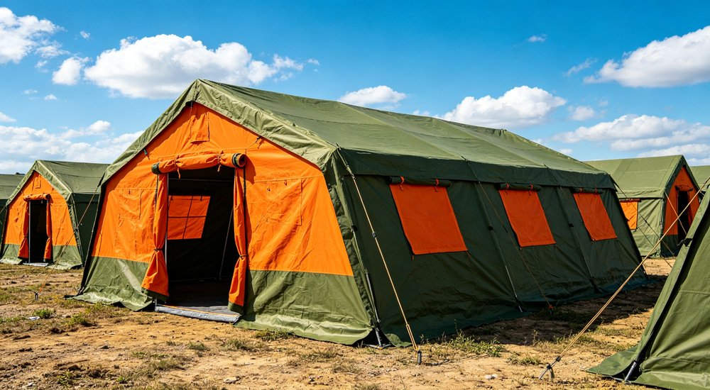 Professional emergency relief tent photographed in field deployment showing sturdy construction waterproof fabric and steel frame design suitable for disaster response and humanitarian aid operations