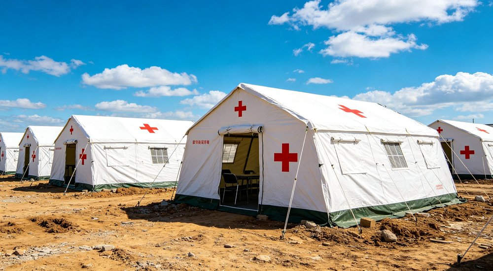Large emergency shelter tent installed at disaster relief site providing weatherproof accommodation for affected populations with reinforced structure and quality materials visible