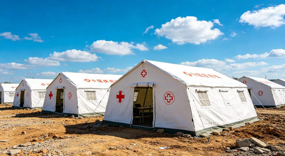 Field deployed emergency shelter showing robust frame construction waterproof material and practical design features meeting international standards for disaster response and refugee accommodation
