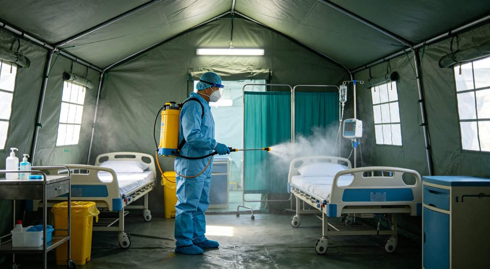 Professional emergency relief tent photographed in field deployment showing sturdy construction waterproof fabric and steel frame design suitable for disaster response and humanitarian aid operations