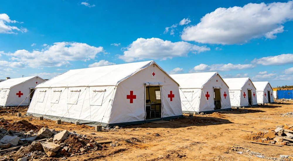 Field deployed emergency shelter showing robust frame construction waterproof material and practical design features meeting international standards for disaster response and refugee accommodation