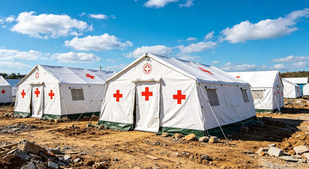 Professional emergency relief tent photographed in field deployment showing sturdy construction waterproof fabric and steel frame design suitable for disaster response and humanitarian aid operations