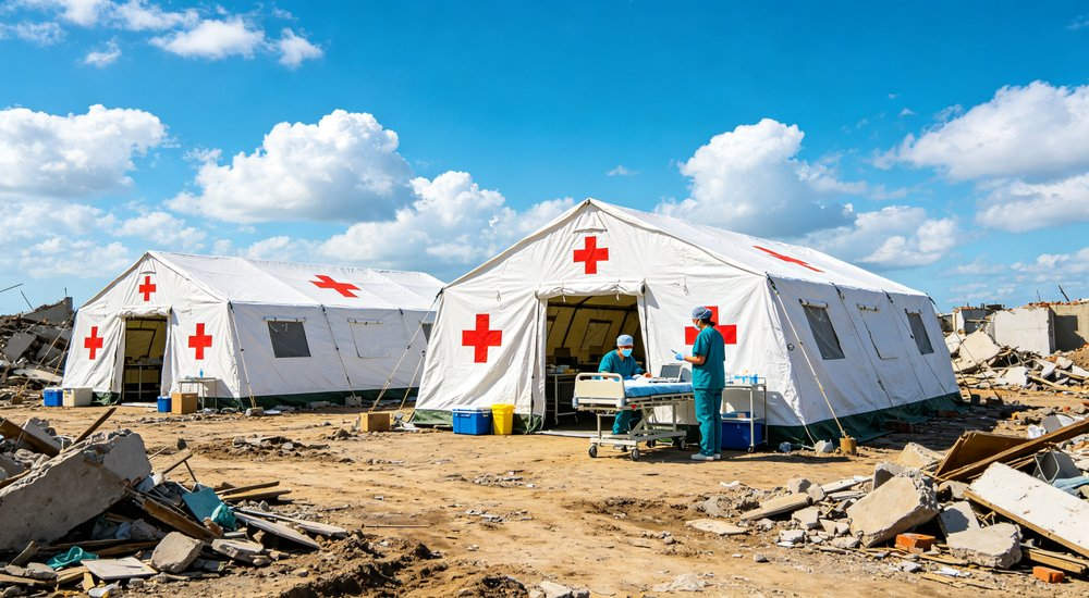 Professional emergency relief tent photographed in field deployment showing sturdy construction waterproof fabric and steel frame design suitable for disaster response and humanitarian aid operations