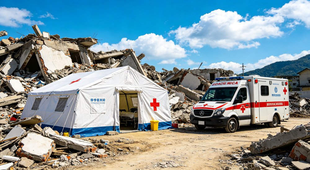 Heavy duty emergency frame tent displayed in operational setting demonstrating quick setup capability durable canvas exterior and spacious interior capacity for humanitarian relief missions
