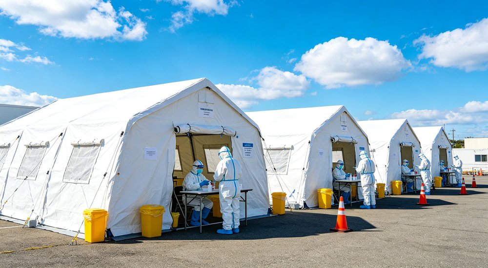 Emergency response tent captured during active deployment showing professional grade construction wind resistant frame and waterproof covering designed for long term use in challenging field conditions