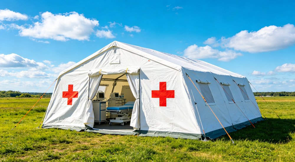 Humanitarian relief tent photographed at aid distribution camp providing reliable shelter with strong steel framework quality stitching and weather resistant fabric for disaster affected communities