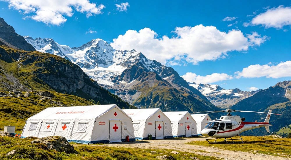 Field deployed emergency shelter showing robust frame construction waterproof material and practical design features meeting international standards for disaster response and refugee accommodation