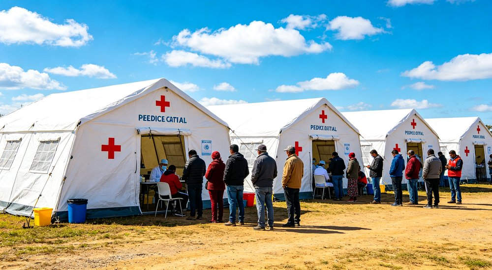 Field deployed emergency shelter showing robust frame construction waterproof material and practical design features meeting international standards for disaster response and refugee accommodation