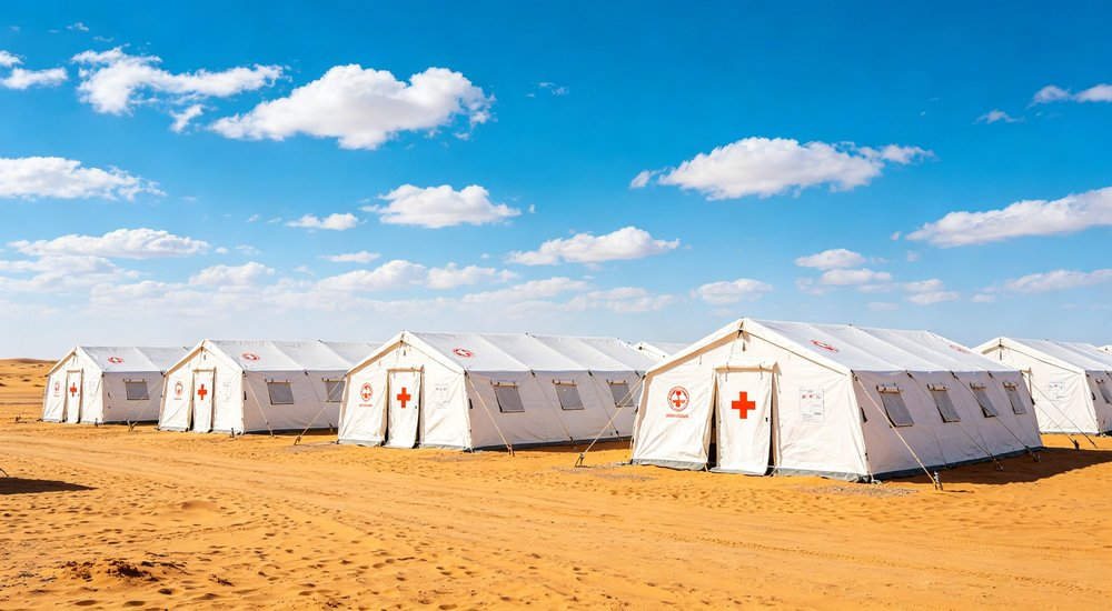 Heavy duty emergency frame tent displayed in operational setting demonstrating quick setup capability durable canvas exterior and spacious interior capacity for humanitarian relief missions