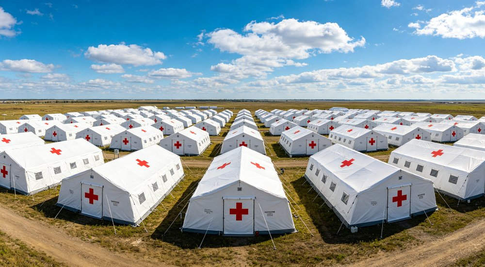 Emergency response tent captured during active deployment showing professional grade construction wind resistant frame and waterproof covering designed for long term use in challenging field conditions