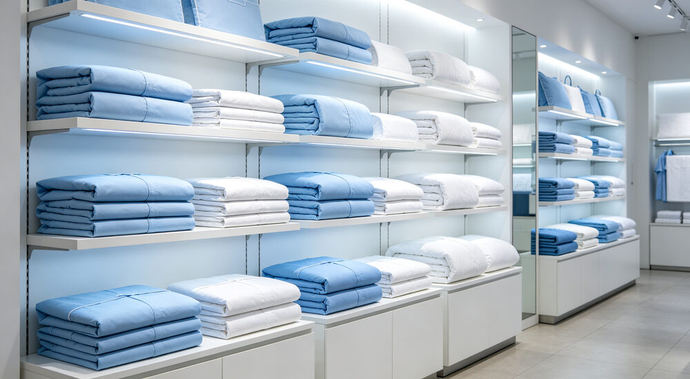 Display wide-angle view of institutional bedding showroom with sky blue and white sets arranged neatly on multiple sample beds for buyers