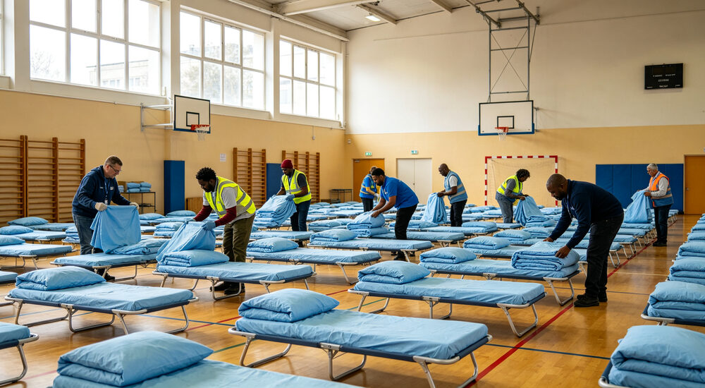 Wide-angle panoramic shot of school gymnasium emergency shelter with rows of cots covered in sky blue institutional bedding, relief workers distributing supplies