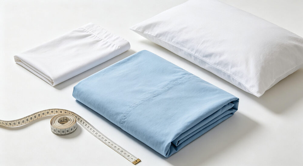 Overhead flat lay view of three bedding components white fitted sheet sky blue duvet cover white pillowcase arranged neatly on clean surface