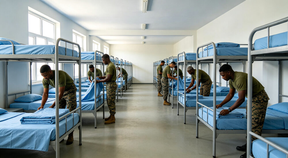Barracks interior view of military dormitory with rows of metal frame beds in sky blue bedding soldiers making beds neatly in uniform