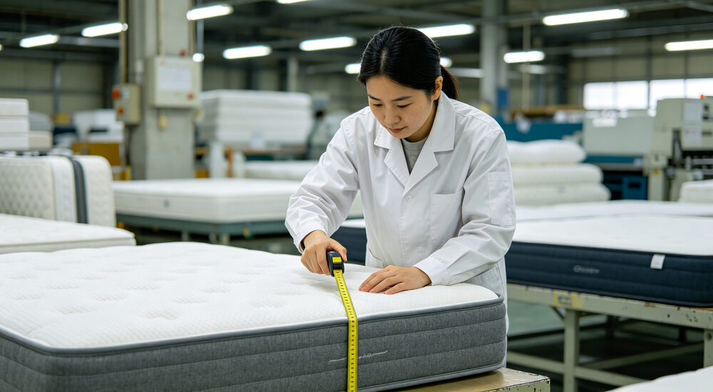 Close-up detailed view of Asian factory worker measuring mattress depth with yellow measuring tape on white institutional single mattress carefully