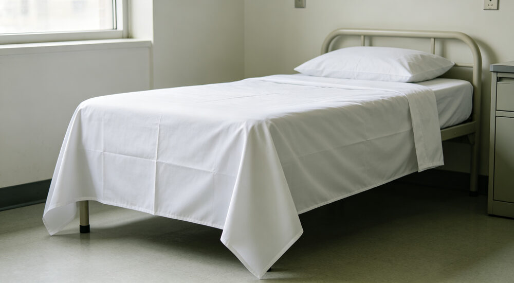 Side angle detailed view of institutional single bed with white flat sheet showing generous drop length hanging evenly over mattress edge