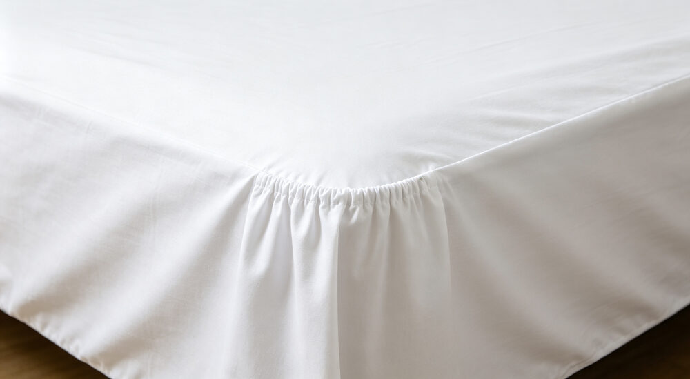Macro detailed shot of white fitted sheet deep pocket elastic edge stretched snugly over mattress corner showing depth clearly shown