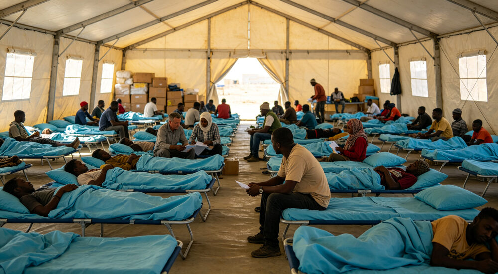 Tent documentary view of emergency relief camp with rows of cots in sky blue bedding diverse refugees resting and organizing personal belongings