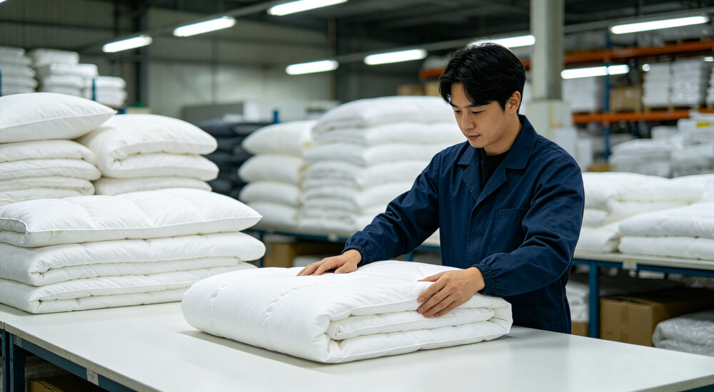 Eye-level quality check of Asian warehouse worker inspecting folded white duvet insert by hand on clean work table with stacked bedding background