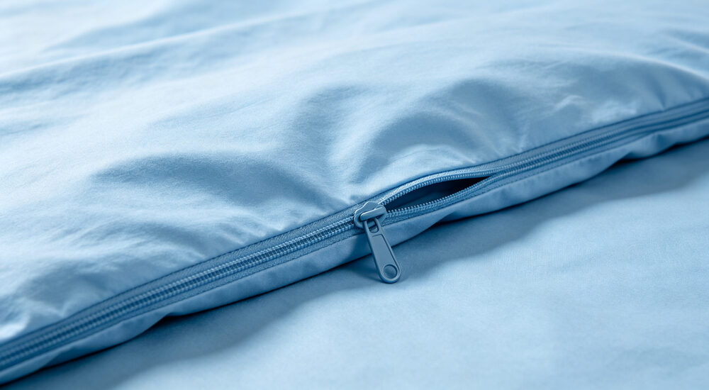 Fabric extreme close-up of sky blue duvet cover zipper opening showing smooth zipper pull and neat reinforced stitching quality shown